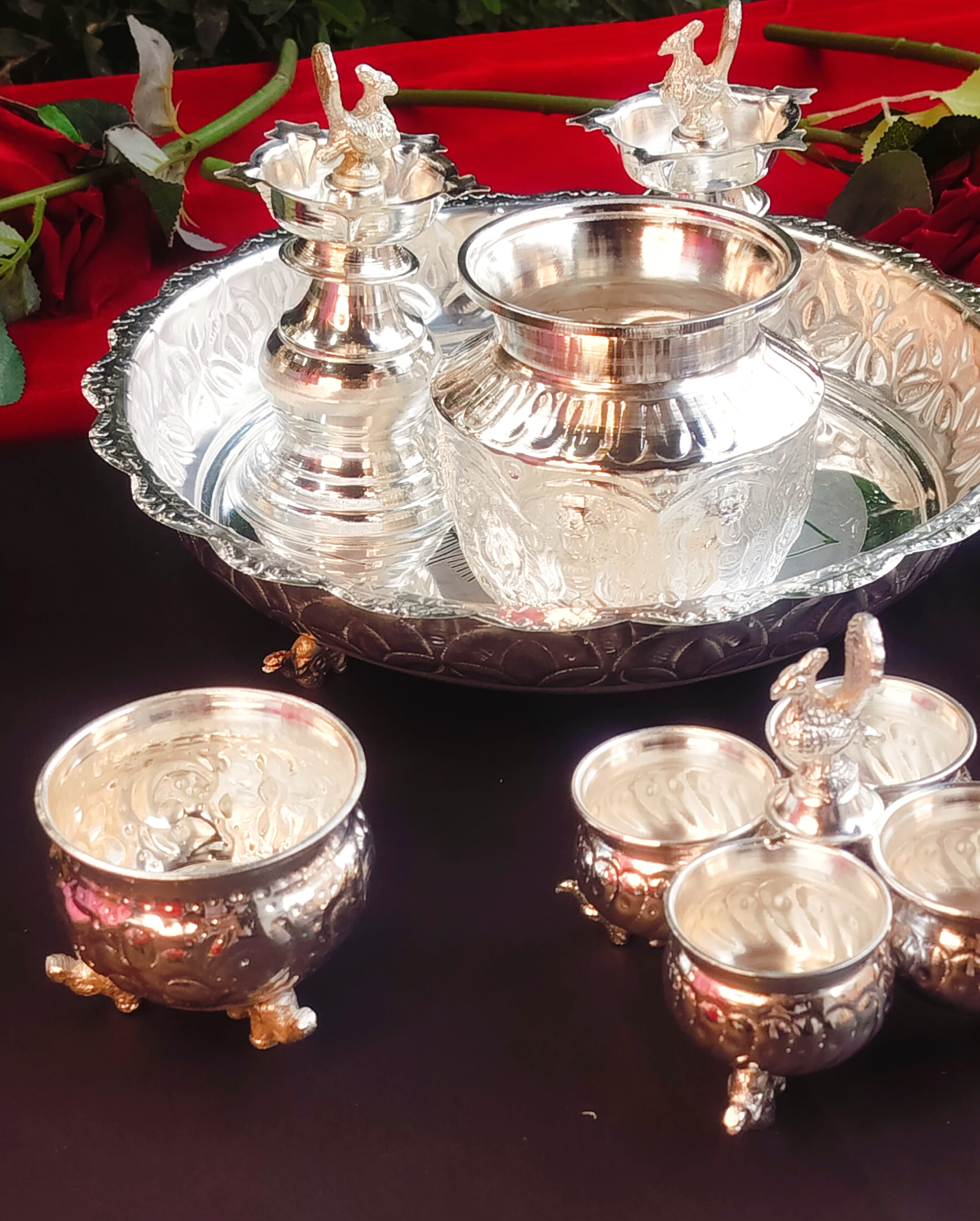 German Silver Combo Pooja thali Set of 9 Pieces Flower Tray Set
